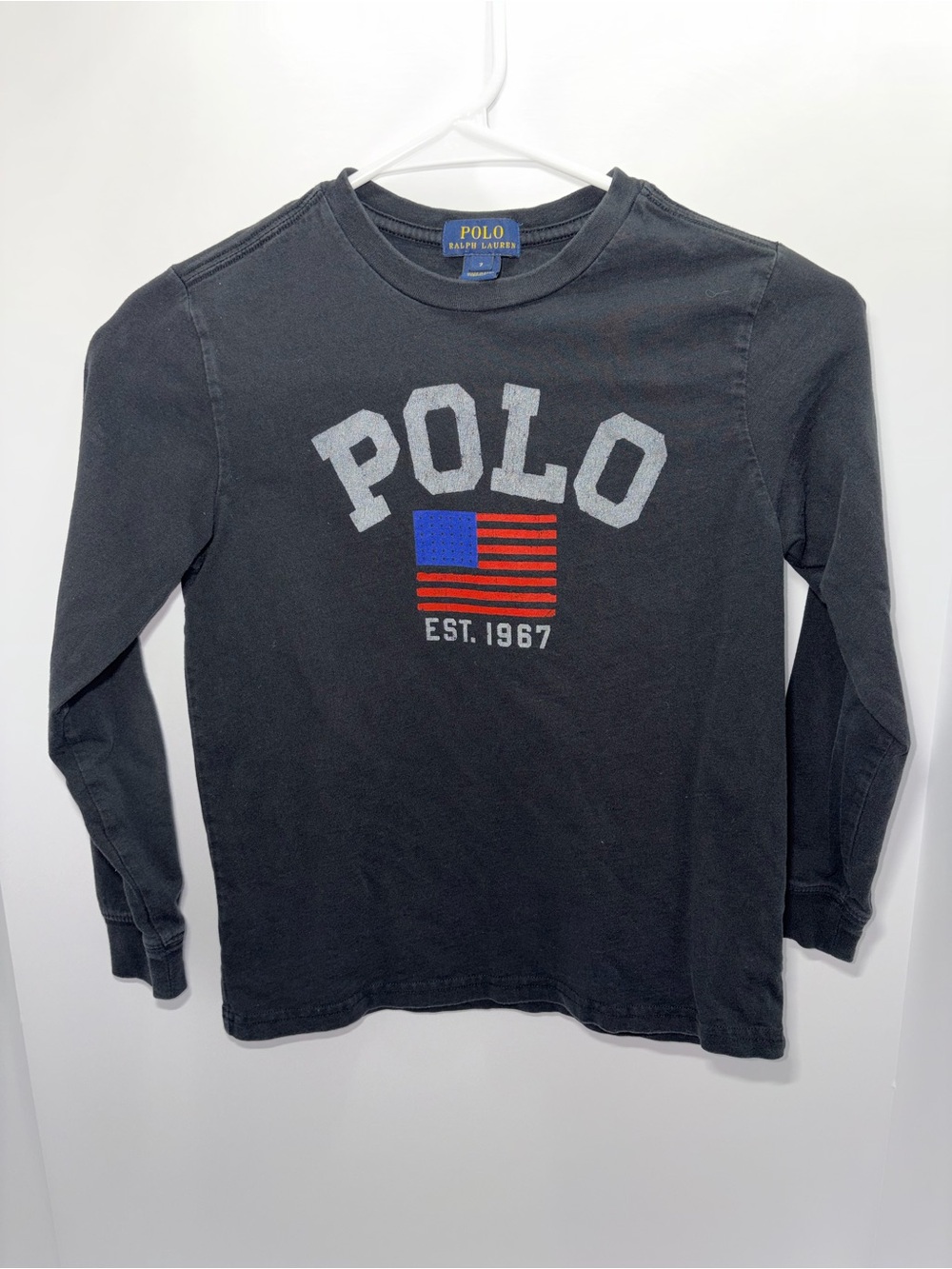 Polo by Ralph Lauren Black Long-Sleeve Tee with Flag Graphic Boys Size 7